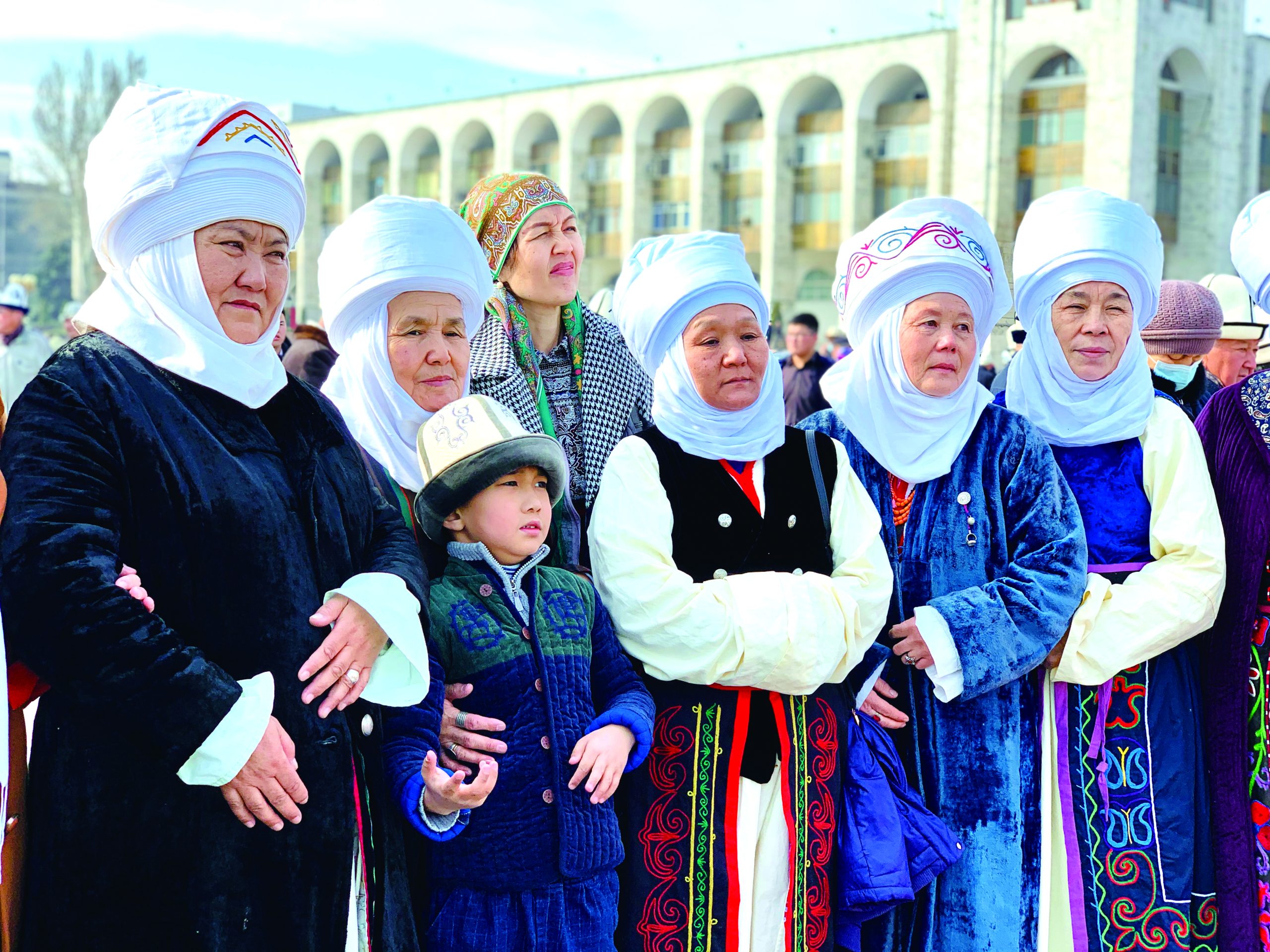 Women wearing the elechek during a national celebration at Ala-Too © Kamila Kenzhetaeva