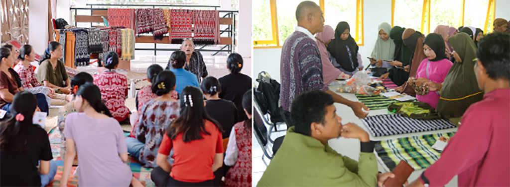  (Left) Traditional backstrap loom weavers from Ensaid Panjang, a weaving center in West Kalimantan’ s Sintang district, are taking part in a three-day training to help them continue to keep their weaving tradition alive while also ensuring their sustainability. (Right) Traditional weavers taking part in a TORAJAMELO training in Mawasangka,in the South Sulawesi District of Buton Tengah, discuss what could be improved from the traditional local textile which they had woven with backstrap looms © TORAJAMELO
