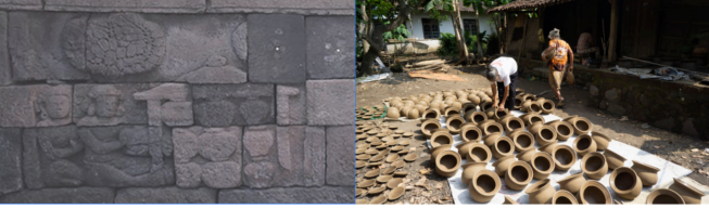 Figure 3. The bas-reliefs at Borobudur Temple depict the utilization of earthenware cooking utensils (left). To this day, Karanganyar Village, situated 5km from Borobudur Temple, persists in crafting and supplying pottery-based cooking utensils to the local community (right). © UNESCO