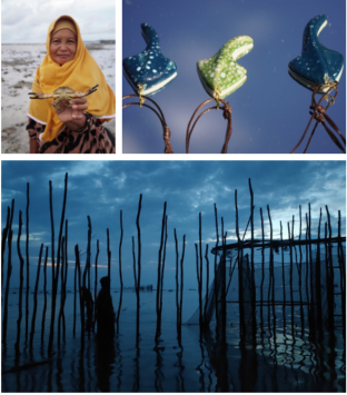 Figure 9. Maritime life of Batu Itam Village, featuring local seafood cuisine (left), silo — a traditional fish-trapping net (center), and newly developed accessories inspired by the community’s marine culture (right), created during a UNESCO workshop. © UNESCO/Eksotika Desa